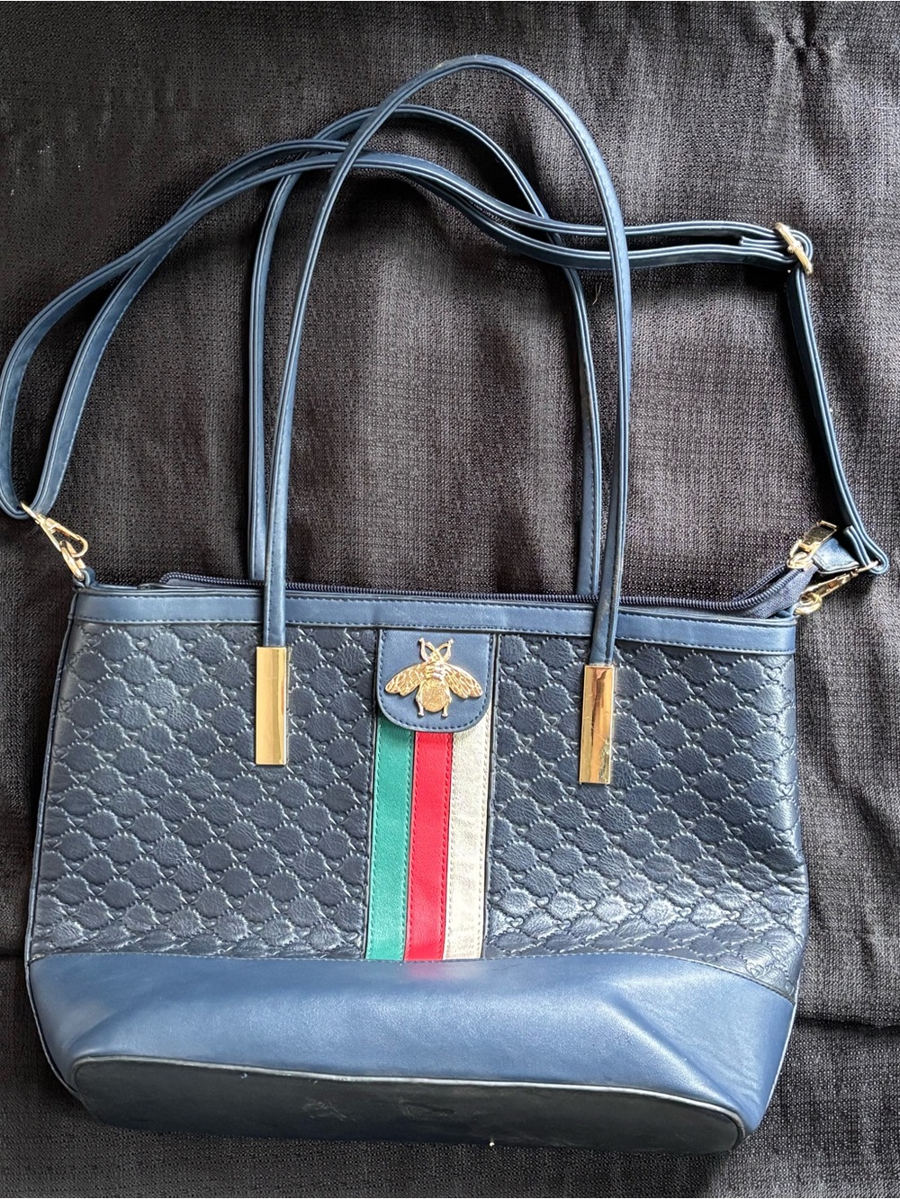 Women's Navy Shoulder Bag with Red & Green Stripe and Gold Bee Accent